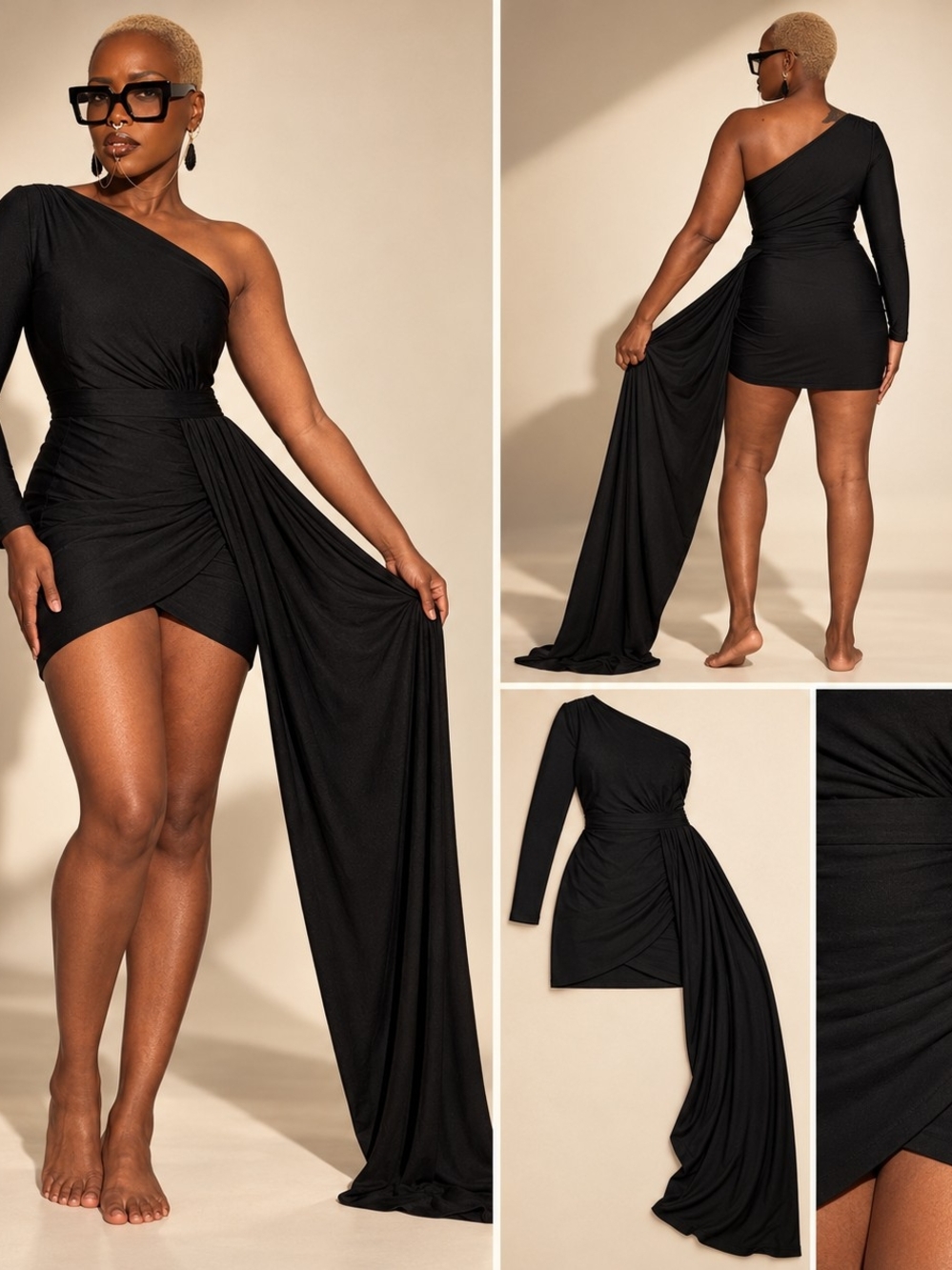 Black One-Shoulder Long Sleeve Mini Dress with Dramatic Side Train
